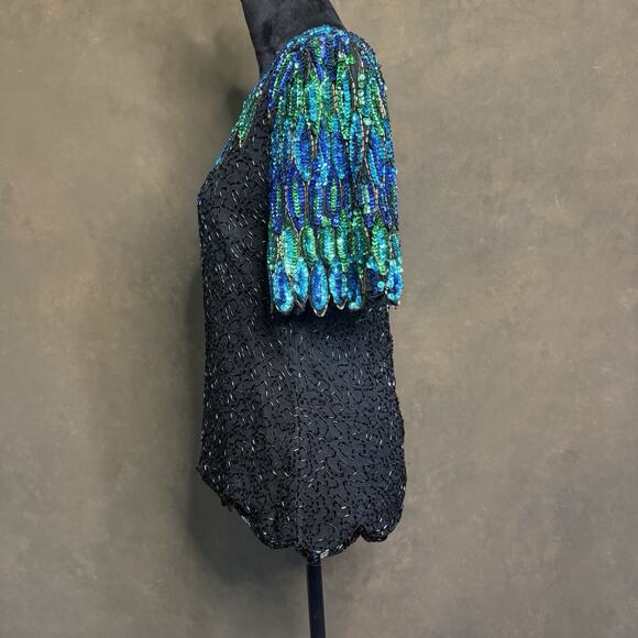 80s Women Stenay Sequin Blouse Top Black Blue Green Beaded Party Glam Occasion - Picture 4 of 11